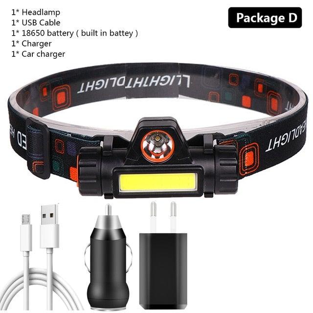 Waterproof 2 Light Mode USB LED Headlight With Magnet Rechargeable Headlamp Built-in 18650 Battery Flashlight COB Work Light For Outdoor Camping Cycling Fishing Headlamp Flashlight