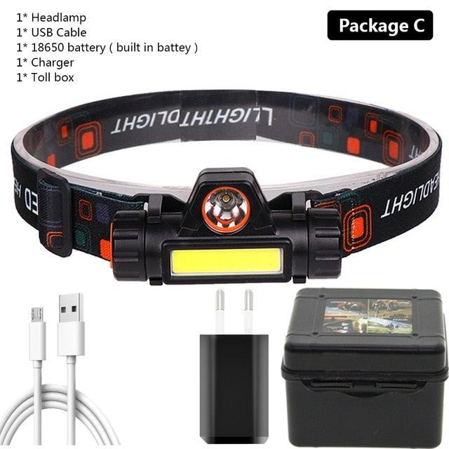 Waterproof 2 Light Mode USB LED Headlight With Magnet Rechargeable Headlamp Built-in 18650 Battery Flashlight COB Work Light For Outdoor Camping Cycling Fishing Headlamp Flashlight