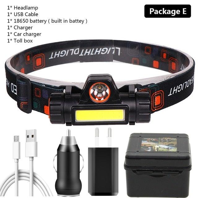 Waterproof 2 Light Mode USB LED Headlight With Magnet Rechargeable Headlamp Built-in 18650 Battery Flashlight COB Work Light For Outdoor Camping Cycling Fishing Headlamp Flashlight