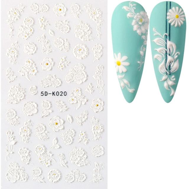 White Embossed Flower Lace 5D Sticker Decal Wedding Nail Art Designs Floral Flower Transfer Decal Geometry 3D Wave Design Decoration for Women Girls Tape Nail Art Stickers Decal Decoration Geometry Transfer Decals Nail Art Decorations Decoration Decal
