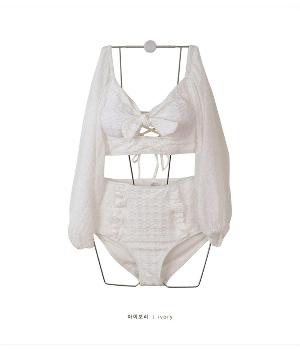 White High Waist Bikini Women Solid Swimwear Cover Up Swimsuit Sheer Mesh Tie Crop Top Bikini Sets Lace Long Sleeve Bikini Off Shoulder Swimsuit Push Up Mesh Pad Bathing Suit