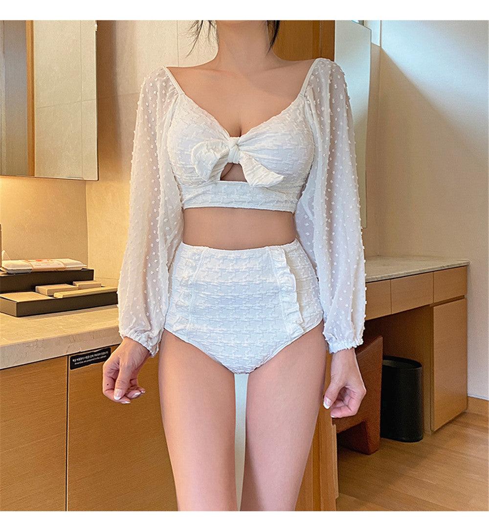 White High Waist Bikini Women Solid Swimwear Cover Up Swimsuit Sheer Mesh Tie Crop Top Bikini Sets Lace Long Sleeve Bikini Off Shoulder Swimsuit Push Up Mesh Pad Bathing Suit