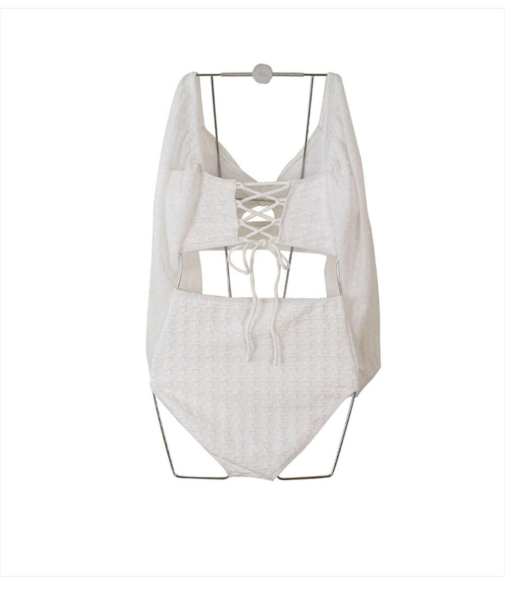 White High Waist Bikini Women Solid Swimwear Cover Up Swimsuit Sheer Mesh Tie Crop Top Bikini Sets Lace Long Sleeve Bikini Off Shoulder Swimsuit Push Up Mesh Pad Bathing Suit