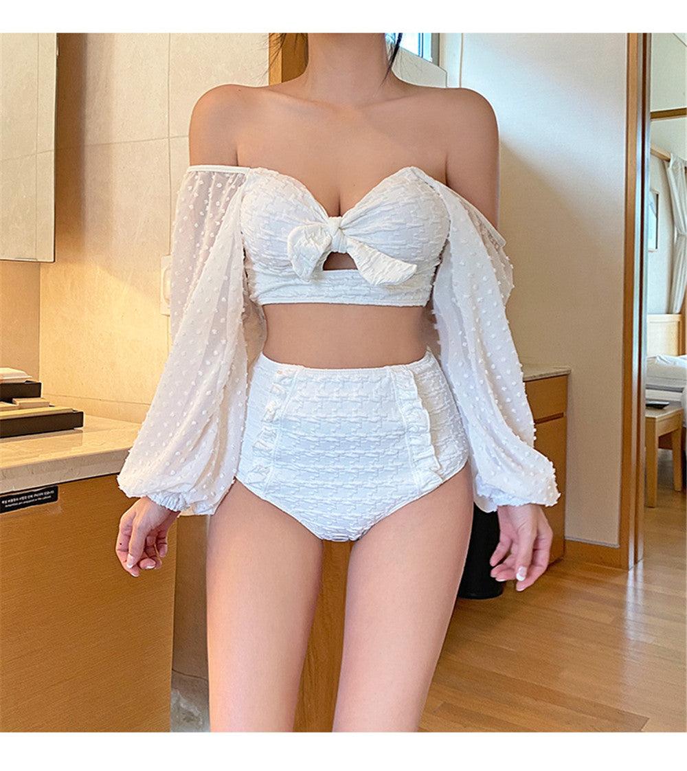White High Waist Bikini Women Solid Swimwear Cover Up Swimsuit Sheer Mesh Tie Crop Top Bikini Sets Lace Long Sleeve Bikini Off Shoulder Swimsuit Push Up Mesh Pad Bathing Suit