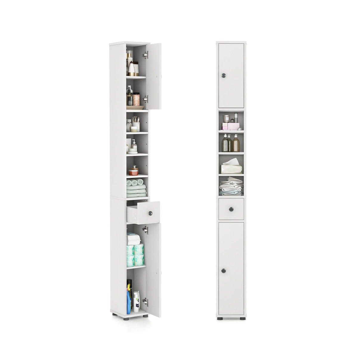 Freestanding Slim Bathroom Cabinet with Drawer and Adjustable Shelves-White
