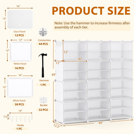 12-Cube 48 Pairs Portable Shoe Shelves with Hook-White