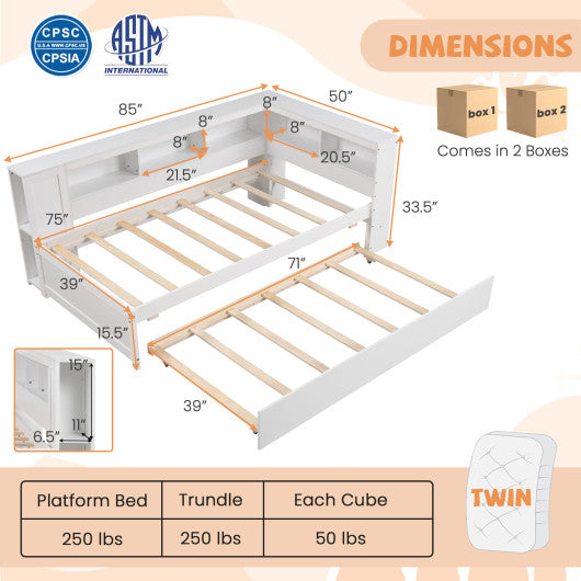 Twin Size Daybed Platform Bed Frame with Trundle and Bedside Shelves-White