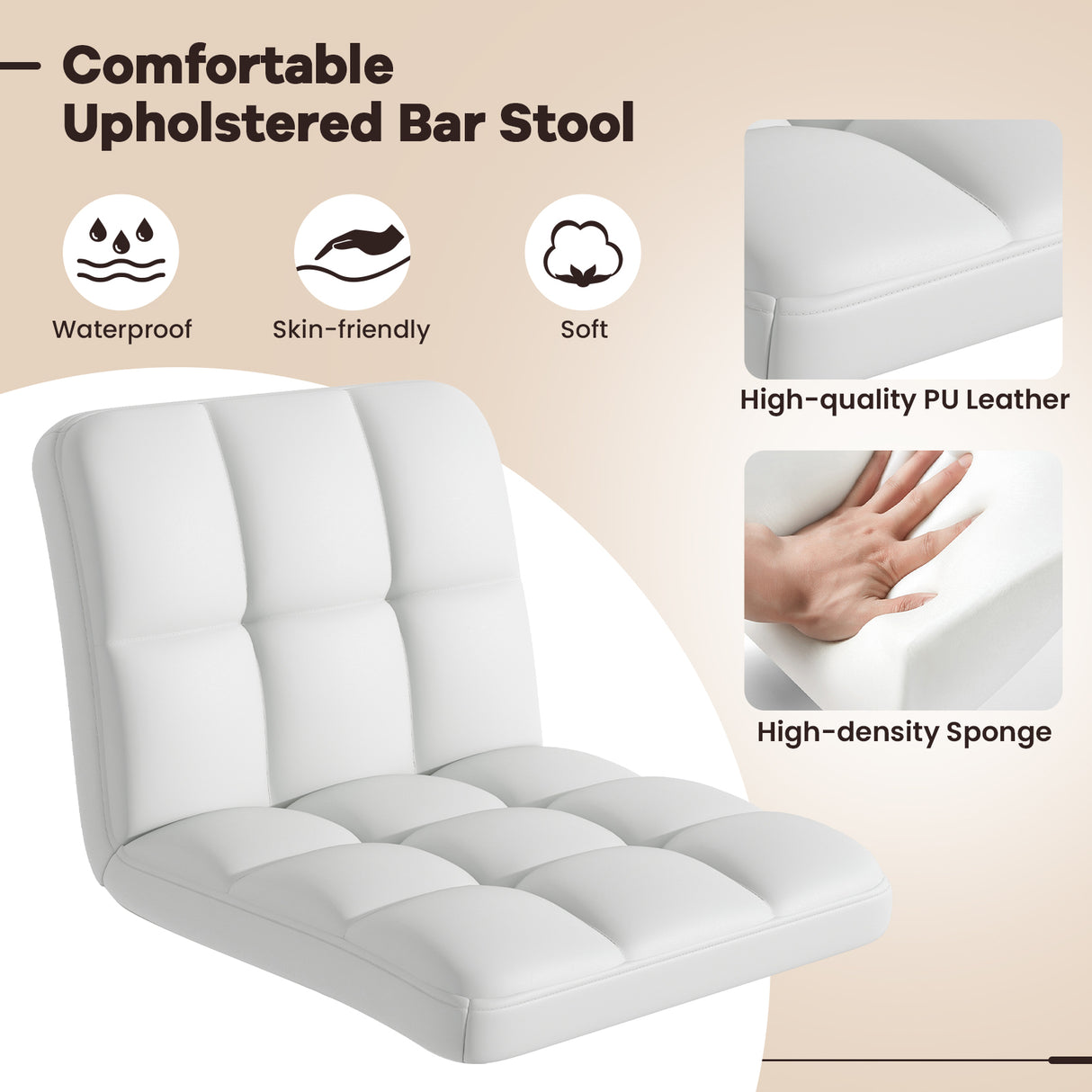 Set of 2 Square Swivel Adjustable PU Leather Bar Stools with Back and Footrest-White