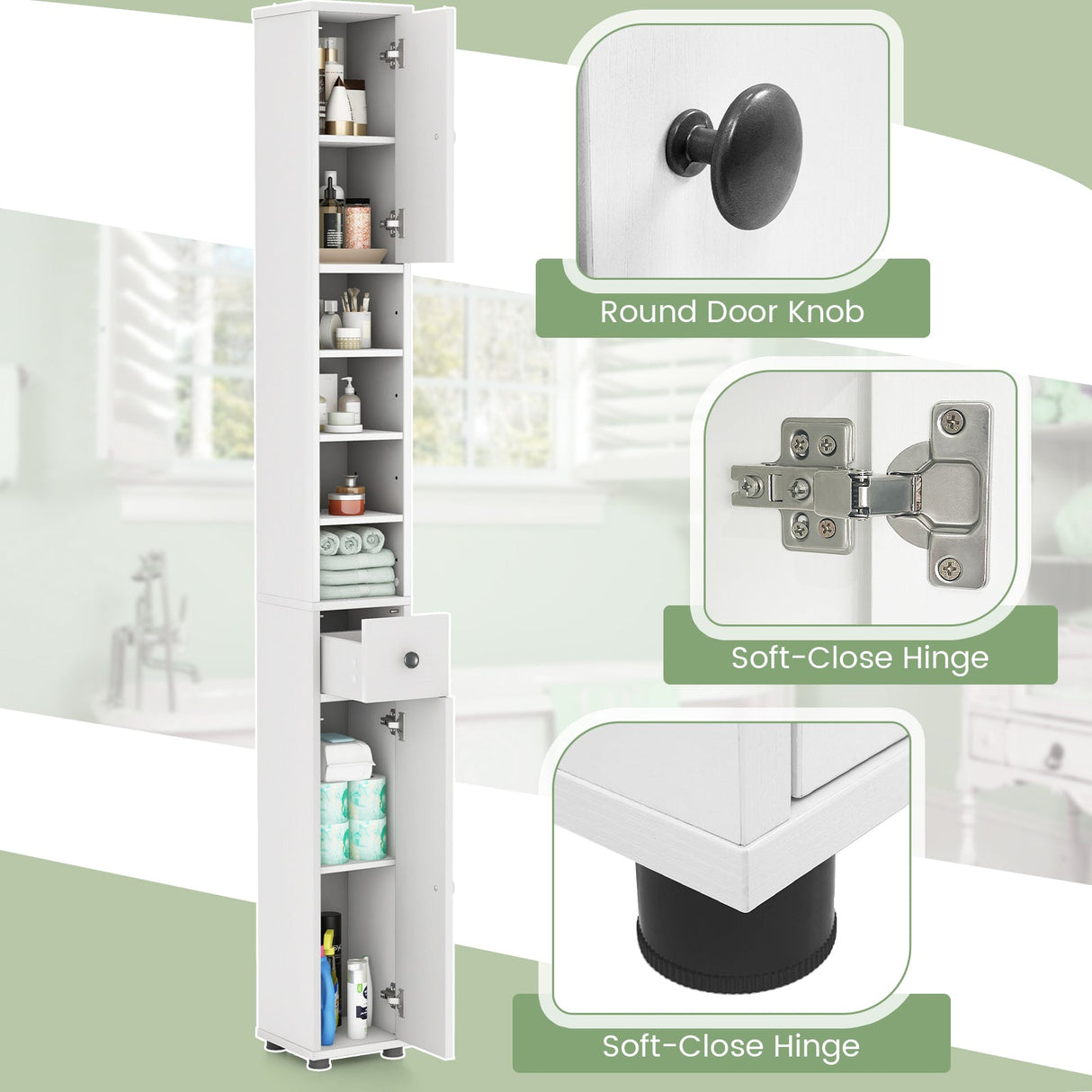 Freestanding Slim Bathroom Cabinet with Drawer and Adjustable Shelves-White