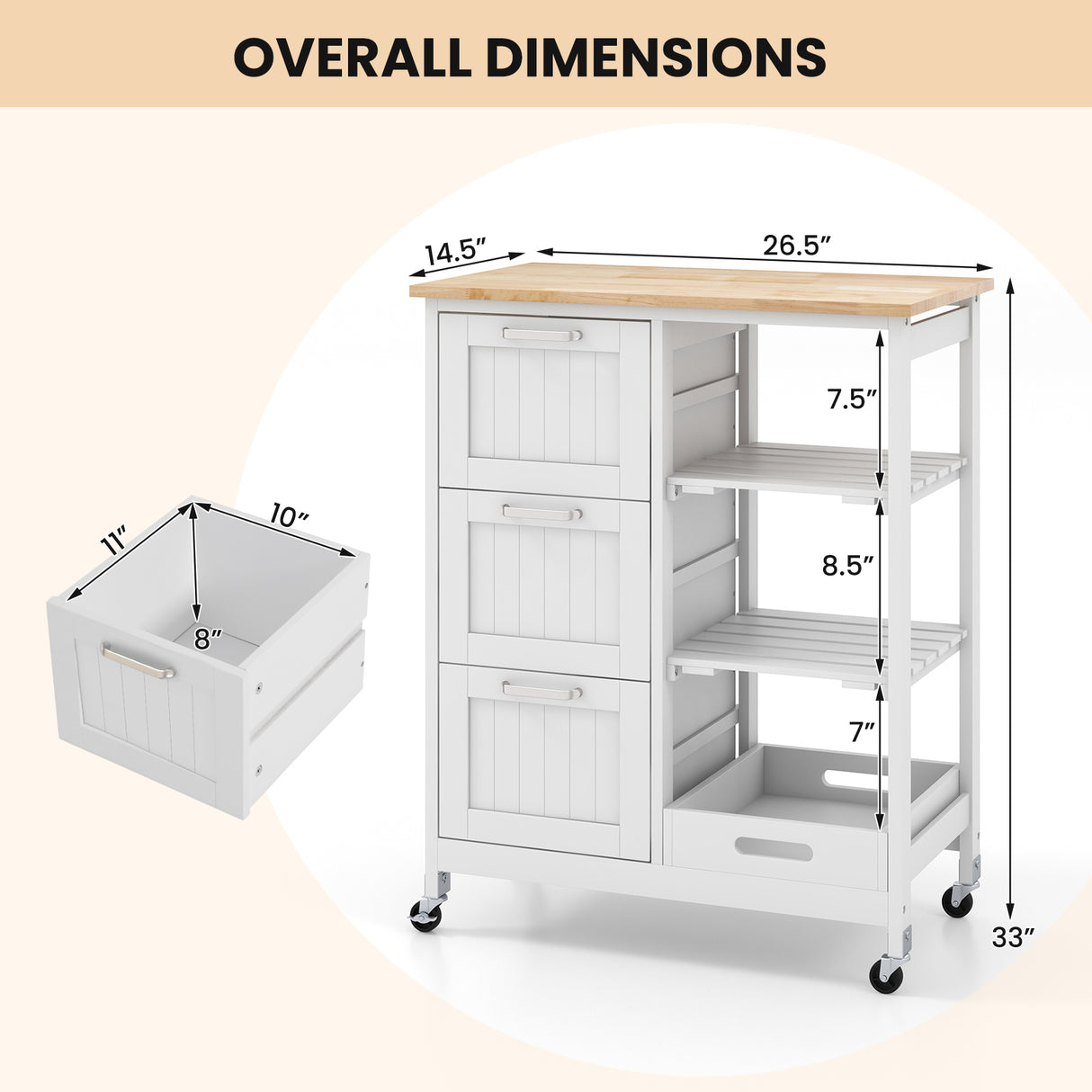 Rolling Kitchen Island Utility Storage Cart with 3 Large Drawers-Black