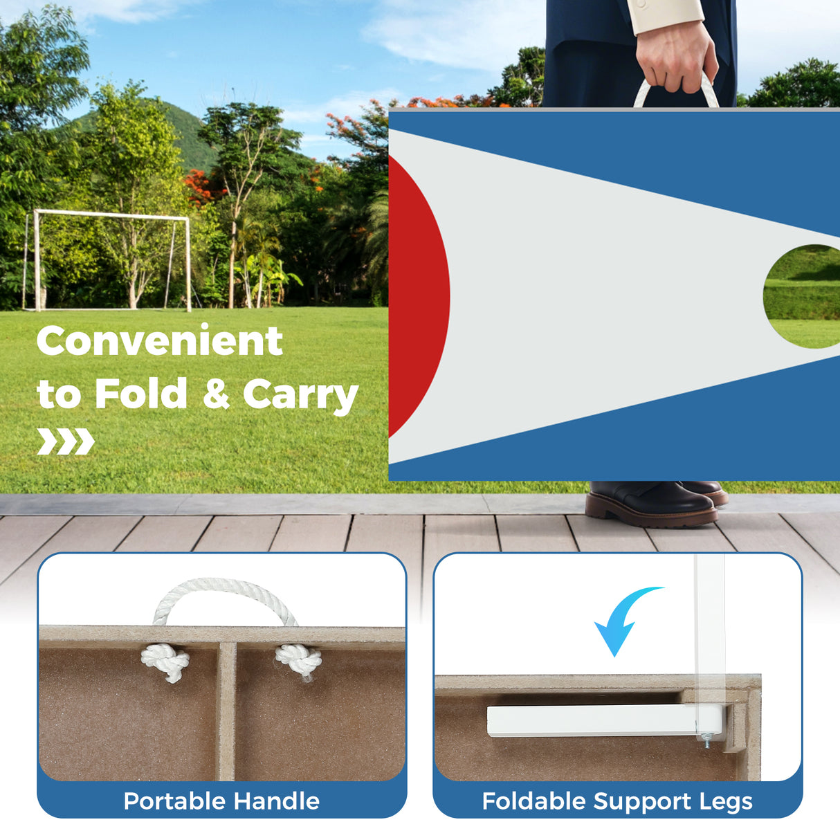 3 x 2FT Cornhole Board Set Portable Cornhole Board with Foldable Legs and Side Handle-Blue