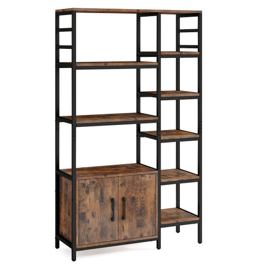 Double Wide 8-Tier Bookshelf with 2-Door Cabinet for Living Room Home Office-Rustic Brown