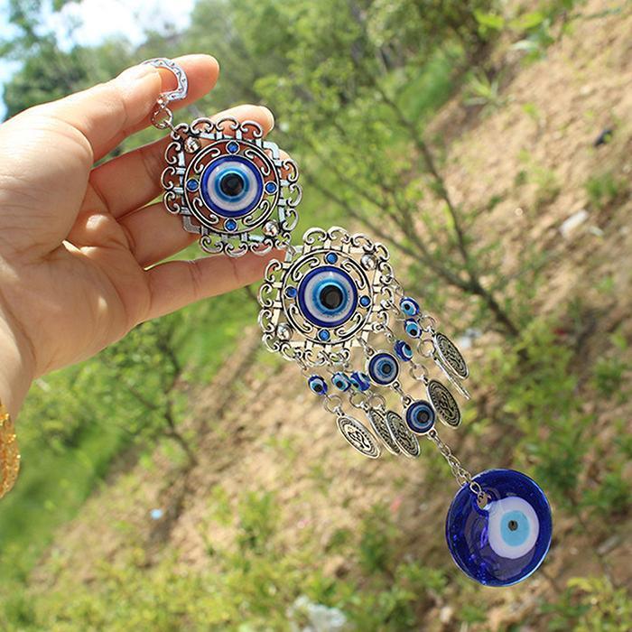 Wind Chimes Evil Eye Pendants Home Wall Hanging Decor Blessing Protection Gift Blue Evil Eye Wall Hanging Ornament With Round Eye Design Metal Home Decor Protection And Good Luck Charm Gift Blessing Protection Gift Dream Catcher Blue Rhinestone