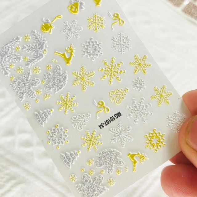 Winter Christmas Acrylic Engraved Nail Sticker Colorful Snow Design Decals Nail Water Slide Decals Nail Art Stickers Decals Christmas Snowflake Bronzing Christmas Slider Nail Art 3D Decals Decoration Decals Snowflakes Elk Bear Christmas Xmas Stickers