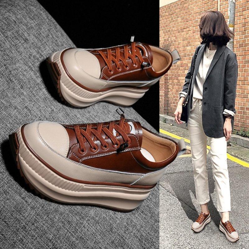 Winter Thich Womans Sneakers Warm Casual Vulcanized Shoes High Platform Boots Lace Up High Top Leather Sneakers Woman High Fashion Thick Soled Sports Walking Platform Shoes 7CM