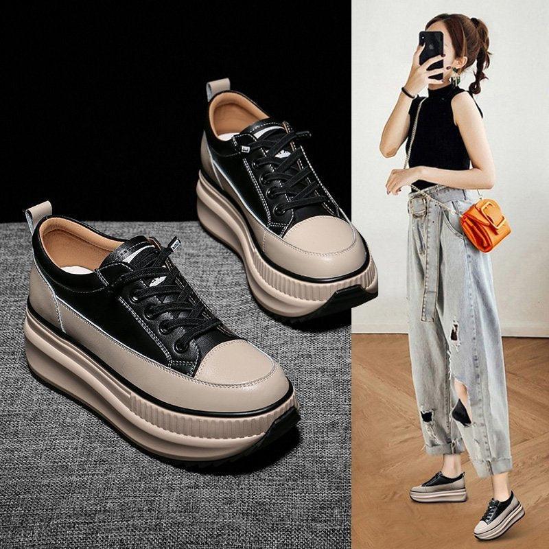 Winter Thich Womans Sneakers Warm Casual Vulcanized Shoes High Platform Boots Lace Up High Top Leather Sneakers Woman High Fashion Thick Soled Sports Walking Platform Shoes 7CM