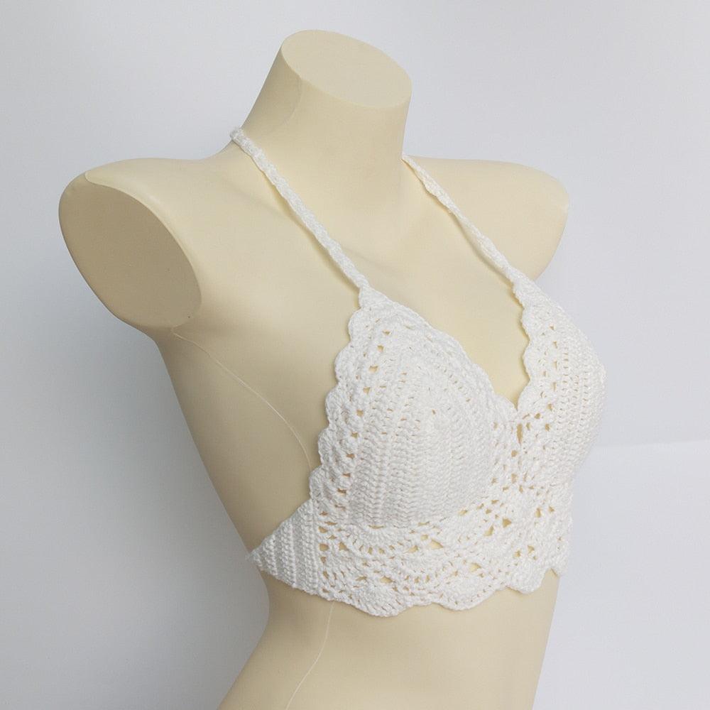 Woman Bikini Top Crochet Knit Separate Female Women Comfortable Beach Crochet Crop Summer Halter Tank Top Beach Knit Bra Beachwear Plus Size Bathing Suits Summer Beach Crochet Crop Tank Top