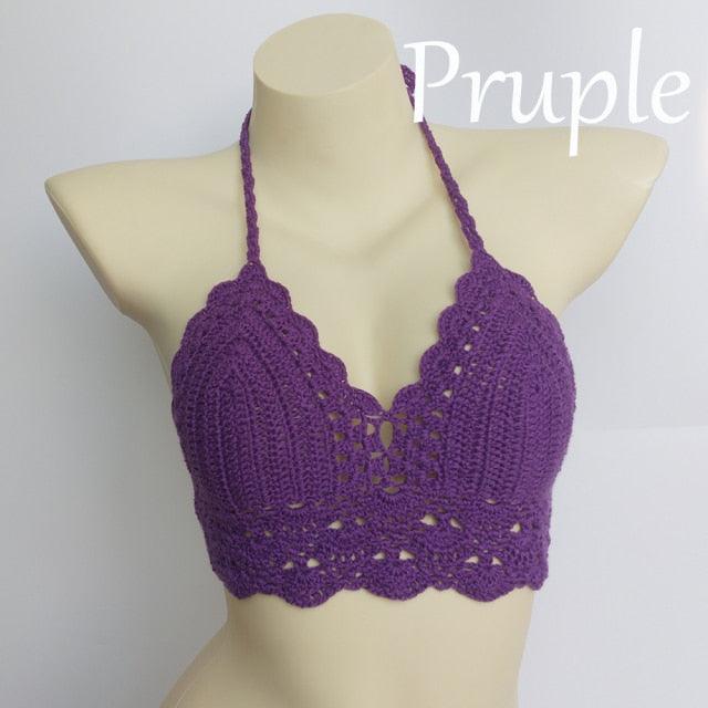 Woman Bikini Top Crochet Knit Separate Female Women Comfortable Beach Crochet Crop Summer Halter Tank Top Beach Knit Bra Beachwear Plus Size Bathing Suits Summer Beach Crochet Crop Tank Top