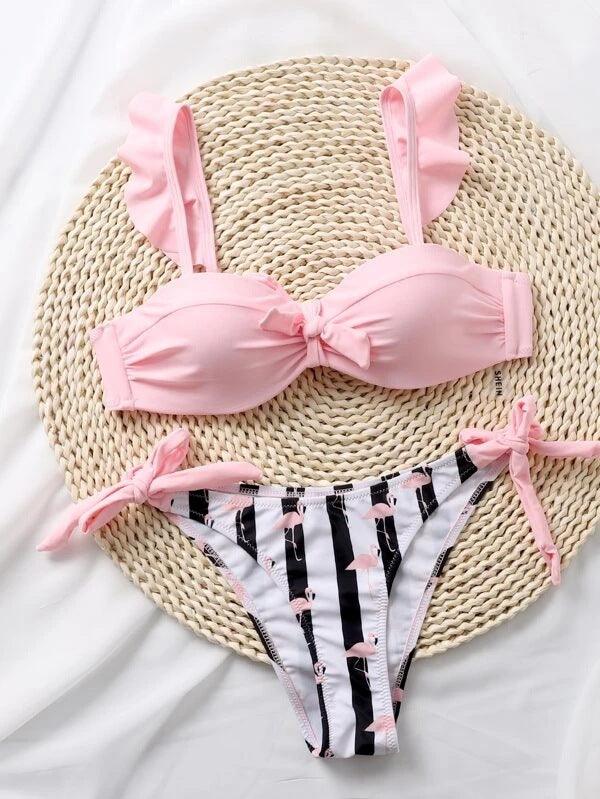 Women 2Pcs Summer Beach Bathing Suit Bowknot Ruffle Sleeve Crop Tops Striped Print Swimsuit Bikini Sets 2 Piece Ruffled V Neck Bathing Suits Summer Swimwear