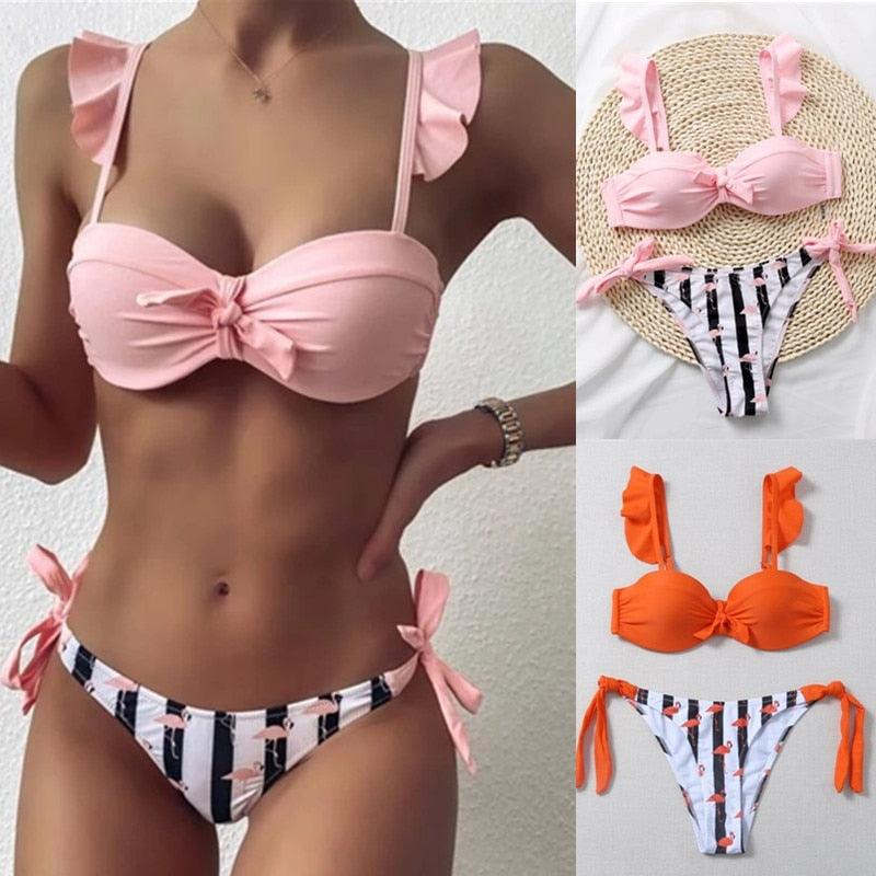 Women 2Pcs Summer Beach Bathing Suit Bowknot Ruffle Sleeve Crop Tops Striped Print Swimsuit Bikini Sets 2 Piece Ruffled V Neck Bathing Suits Summer Swimwear