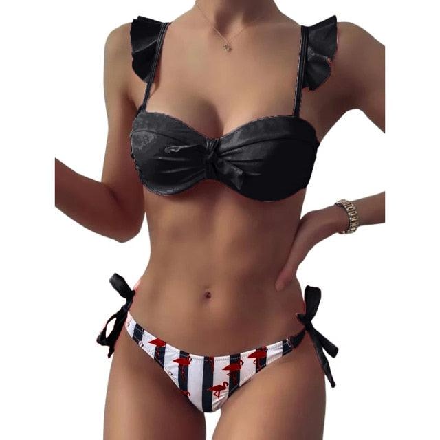 Women 2Pcs Summer Beach Bathing Suit Bowknot Ruffle Sleeve Crop Tops Striped Print Swimsuit Bikini Sets 2 Piece Ruffled V Neck Bathing Suits Summer Swimwear