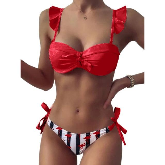 Women 2Pcs Summer Beach Bathing Suit Bowknot Ruffle Sleeve Crop Tops Striped Print Swimsuit Bikini Sets 2 Piece Ruffled V Neck Bathing Suits Summer Swimwear