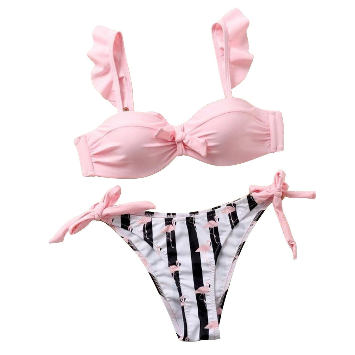 Women 2Pcs Summer Beach Bathing Suit Bowknot Ruffle Sleeve Crop Tops Striped Print Swimsuit Bikini Sets 2 Piece Ruffled V Neck Bathing Suits Summer Swimwear