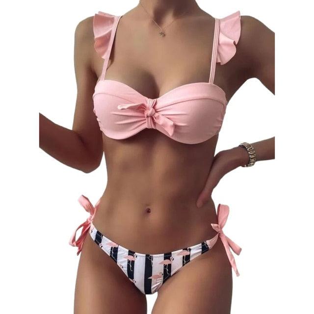 Women 2Pcs Summer Beach Bathing Suit Bowknot Ruffle Sleeve Crop Tops Striped Print Swimsuit Bikini Sets 2 Piece Ruffled V Neck Bathing Suits Summer Swimwear