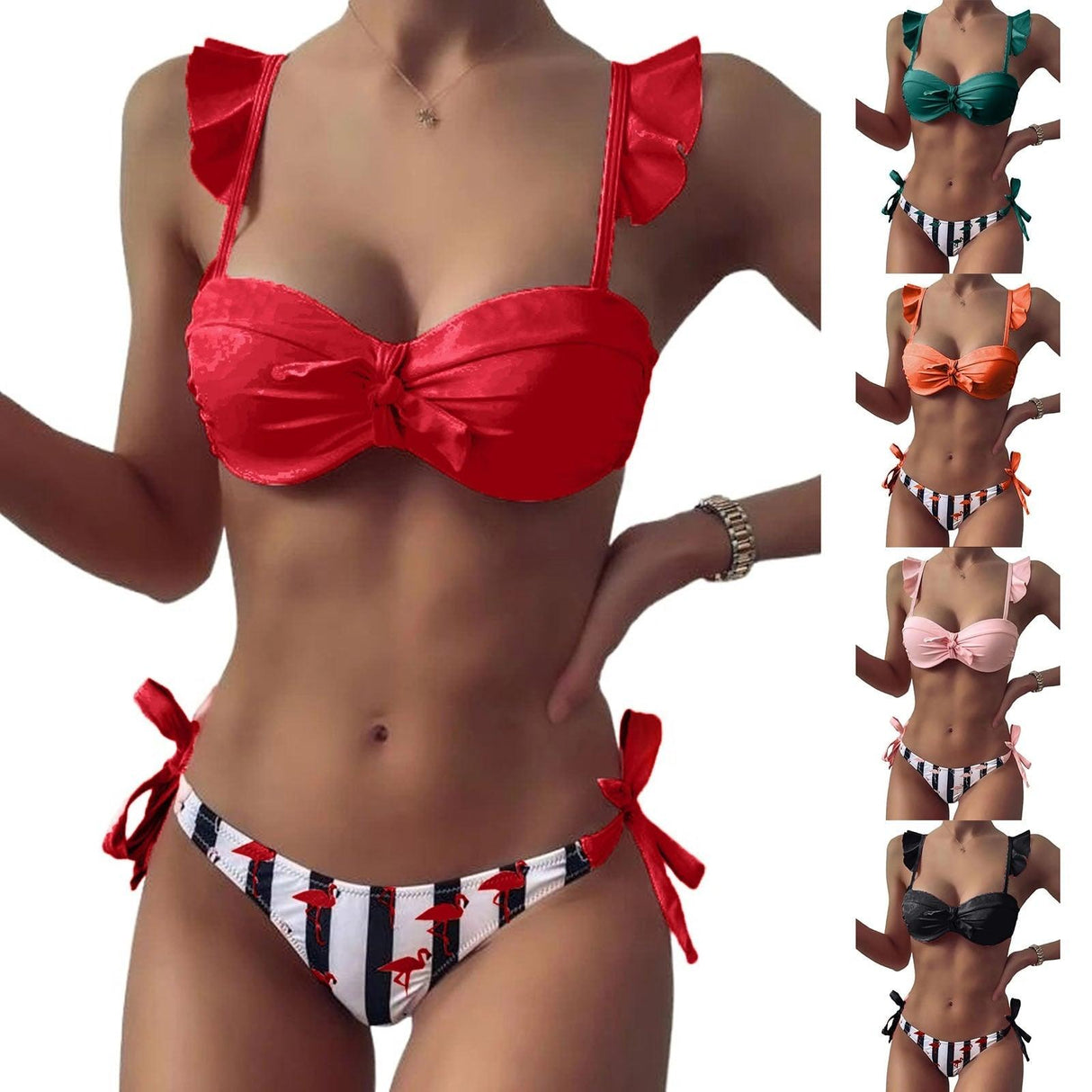 Women 2Pcs Summer Beach Bathing Suit Bowknot Ruffle Sleeve Crop Tops Striped Print Swimsuit Bikini Sets 2 Piece Ruffled V Neck Bathing Suits Summer Swimwear