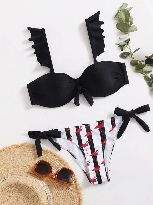 Women 2Pcs Summer Beach Bathing Suit Bowknot Ruffle Sleeve Crop Tops Striped Print Swimsuit Bikini Sets 2 Piece Ruffled V Neck Bathing Suits Summer Swimwear