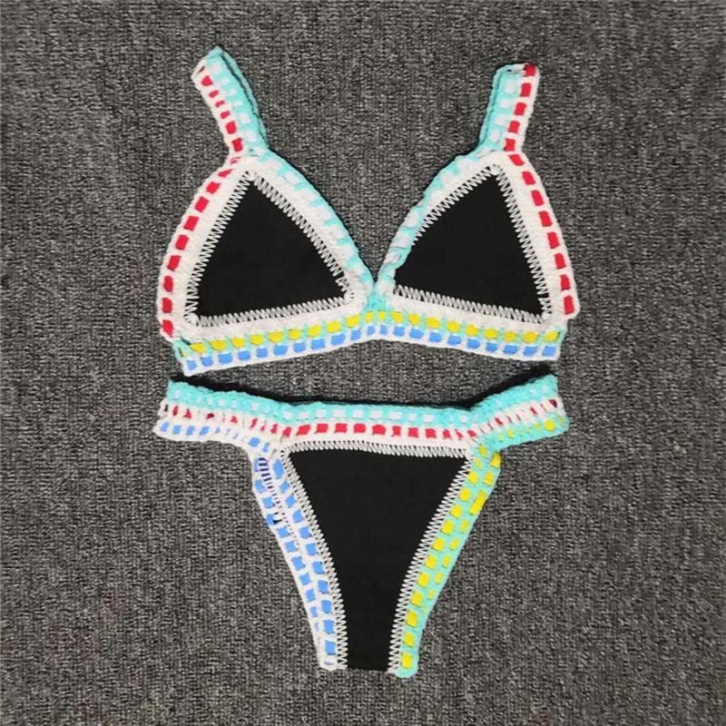 Women Bikini Set Swimwear Beachwear Low Waist Handmade Knit Swimsuit Female Bathing Suit Swimming Suit Women's Halter Sliding Triangle Bikini Sets Charming Tie Side Bathing Suit