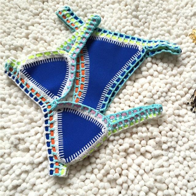 Women Bikini Set Swimwear Beachwear Low Waist Handmade Knit Swimsuit Female Bathing Suit Swimming Suit Women's Halter Sliding Triangle Bikini Sets Charming Tie Side Bathing Suit
