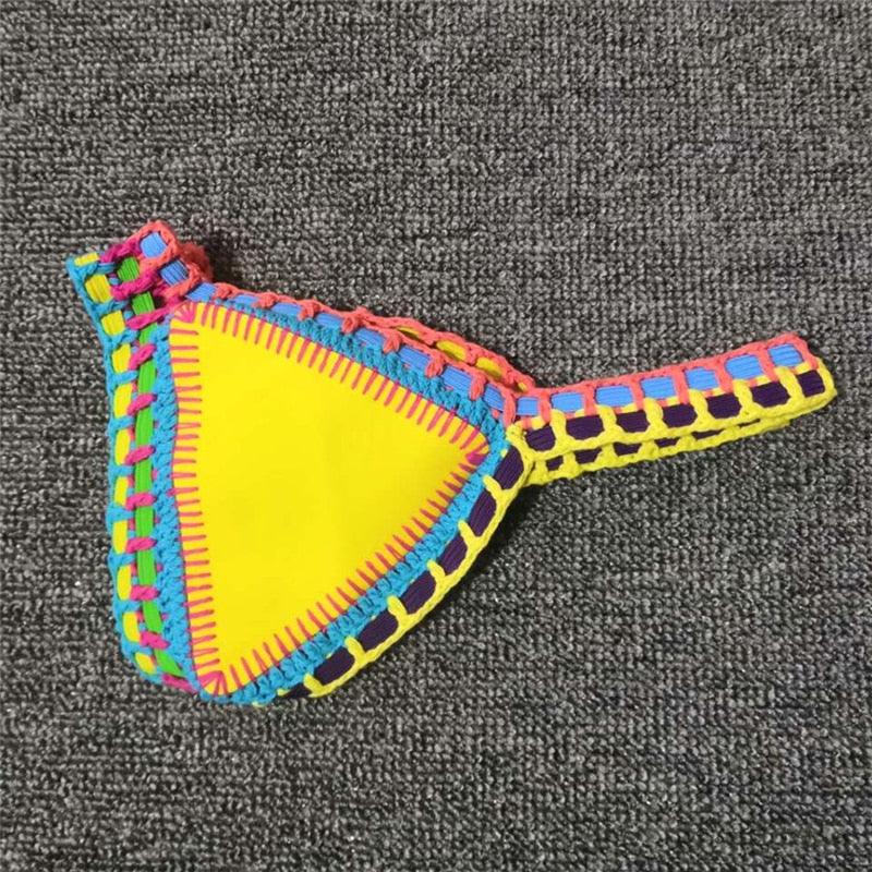 Women Bikini Set Swimwear Beachwear Low Waist Handmade Knit Swimsuit Female Bathing Suit Swimming Suit Women's Halter Sliding Triangle Bikini Sets Charming Tie Side Bathing Suit