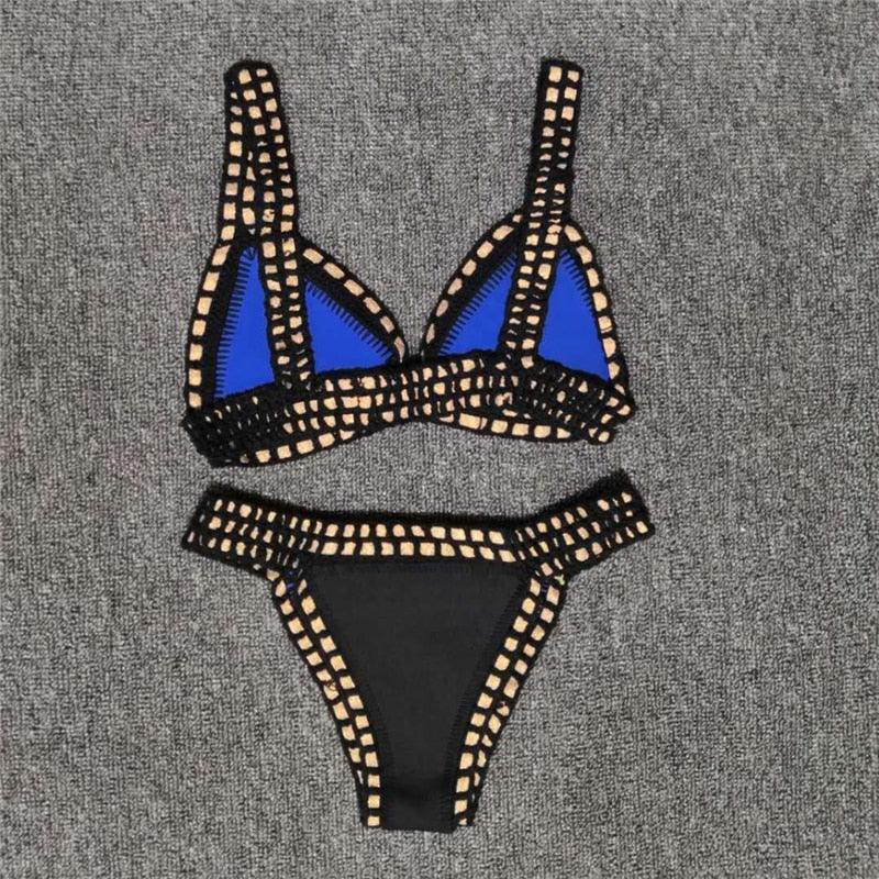 Women Bikini Set Swimwear Beachwear Low Waist Handmade Knit Swimsuit Female Bathing Suit Swimming Suit Women's Halter Sliding Triangle Bikini Sets Charming Tie Side Bathing Suit