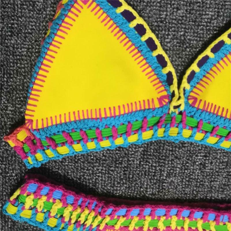 Women Bikini Set Swimwear Beachwear Low Waist Handmade Knit Swimsuit Female Bathing Suit Swimming Suit Women's Halter Sliding Triangle Bikini Sets Charming Tie Side Bathing Suit