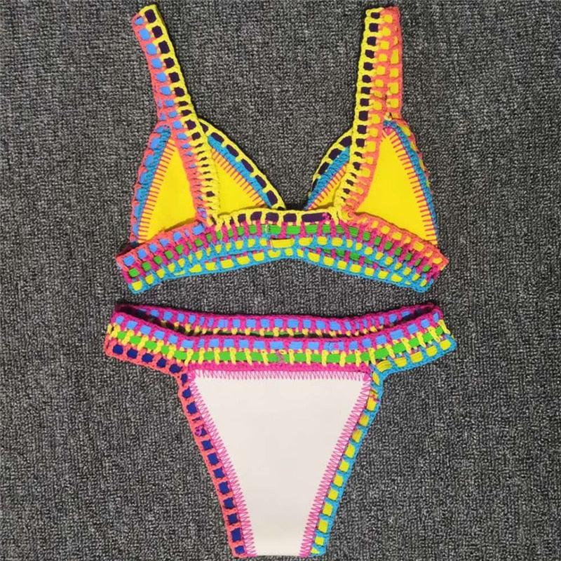 Women Bikini Set Swimwear Beachwear Low Waist Handmade Knit Swimsuit Female Bathing Suit Swimming Suit Women's Halter Sliding Triangle Bikini Sets Charming Tie Side Bathing Suit