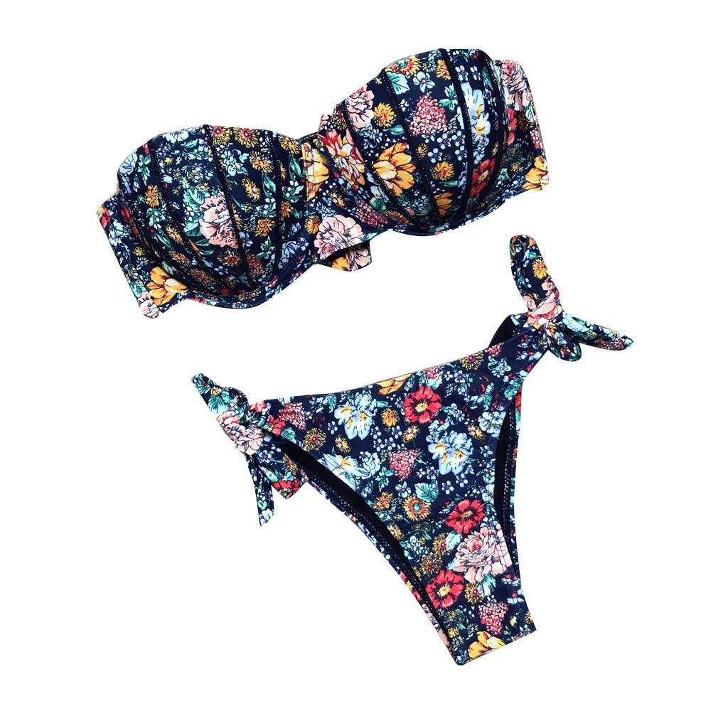 Women Bikini Swimsuit Bandage Floral Print Swimwear Split Bathing Suit Swimsuit Women Two 2 Piece Split Swimsuit Bandage Bikini Sets Halter Tops Bottoms Strapless Swimwear