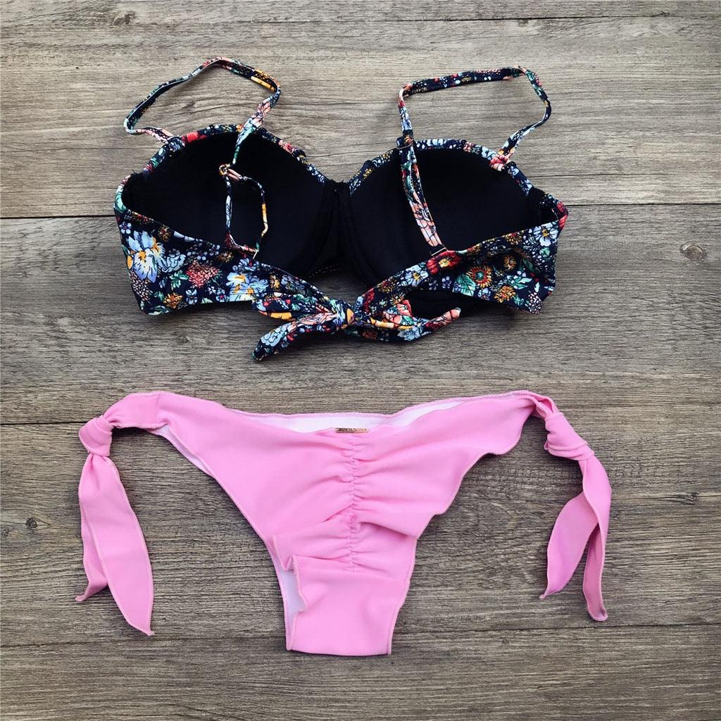 Women Bikini Swimsuit Bandage Floral Print Swimwear Split Bathing Suit Swimsuit Women Two 2 Piece Split Swimsuit Bandage Bikini Sets Halter Tops Bottoms Strapless Swimwear