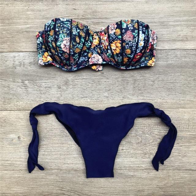 Women Bikini Swimsuit Bandage Floral Print Swimwear Split Bathing Suit Swimsuit Women Two 2 Piece Split Swimsuit Bandage Bikini Sets Halter Tops Bottoms Strapless Swimwear