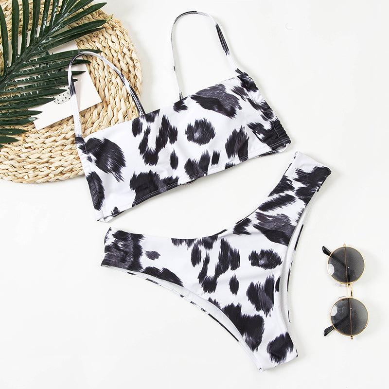 Women Lace Up Black Print Bikini Set Beach Swimsuit Women's Halter Self Bikini Set Padded Top Two Piece Swimsuit Summer Padded Bra Swim Panties Bandage Vintage Bathing Suit