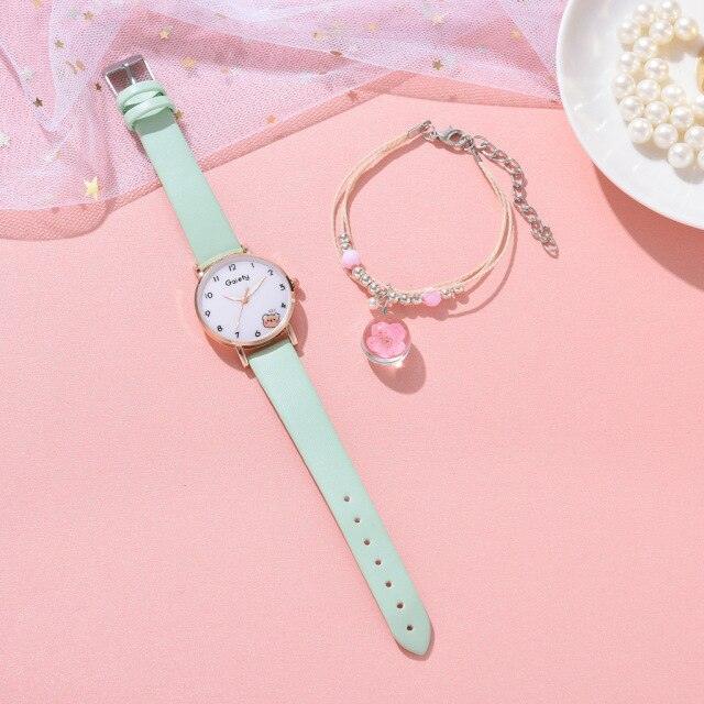 Women New Color Bear Fashion Student Quartz Watch Bracelet Combination Set Kids Girl Wrist Watch Bracelet Leather Rhinestone Luxury Design Simple Dress Women's Watches