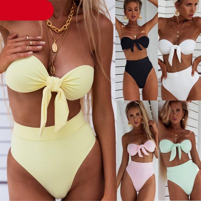 Women Padded Push Up Strapless Swimsuit Women's Tie Knot Front High Waist Bandage 2PCS Bikini Sets Beachwear Bathing Suit Swimwear Bikini Set Adjustable Bikini Sets Two Piece Bathing Suit