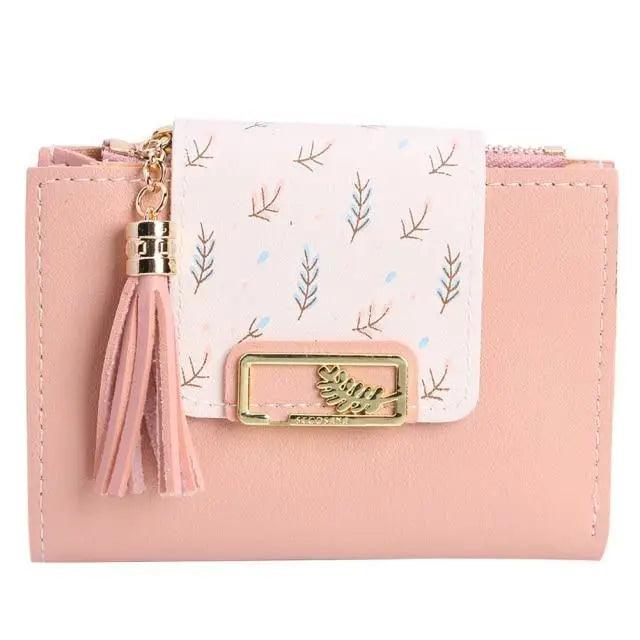 Women Pink PU Leather Short Wallet Trendy New Fashion Vintage Mini Purses Cute Feather Design Wallets