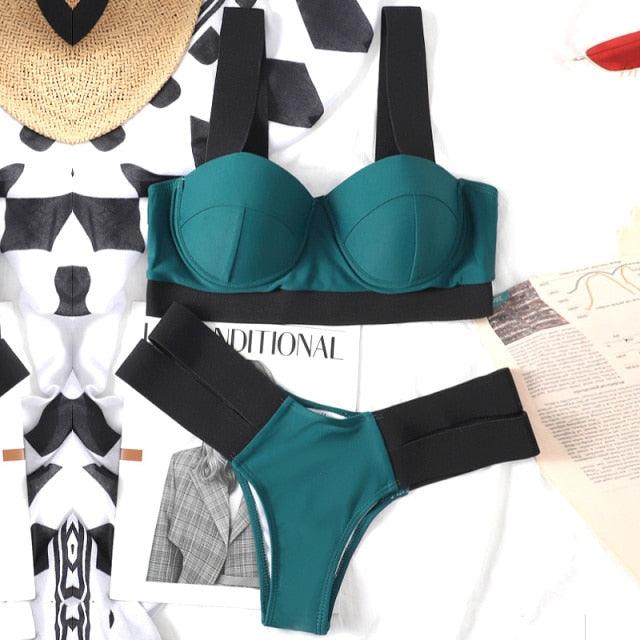 Women Push Up Bikini Women Neon Bandage Swimwear Women Patchwork Bikini Swimsuit 2 Piece Cutout Molded Push Up Bathing Suit Ruffle Hook Closure Bikini Set Two Piece Bathing Suit