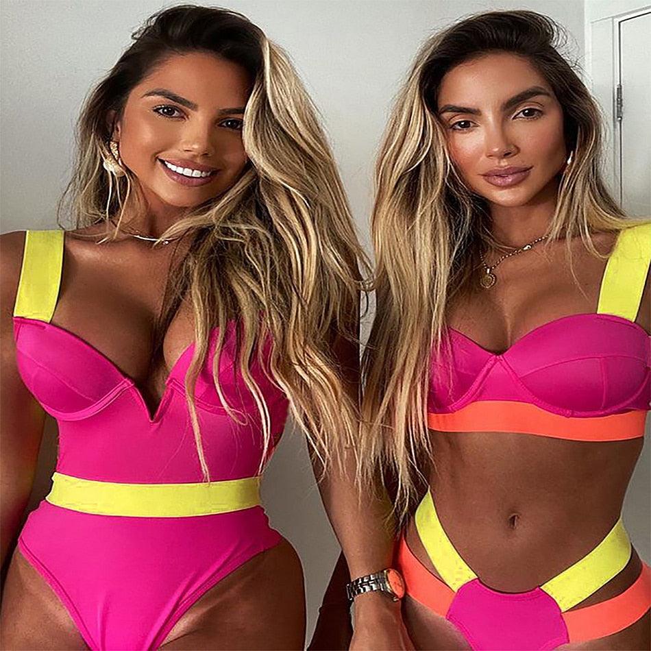 Women Push Up Bikini Women Neon Bandage Swimwear Women Patchwork Bikini Swimsuit 2 Piece Cutout Molded Push Up Bathing Suit Ruffle Hook Closure Bikini Set Two Piece Bathing Suit