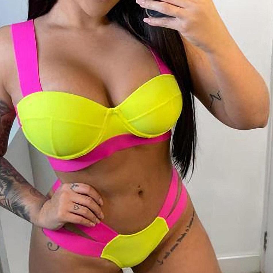 Women Push Up Bikini Women Neon Bandage Swimwear Women Patchwork Bikini Swimsuit 2 Piece Cutout Molded Push Up Bathing Suit Ruffle Hook Closure Bikini Set Two Piece Bathing Suit
