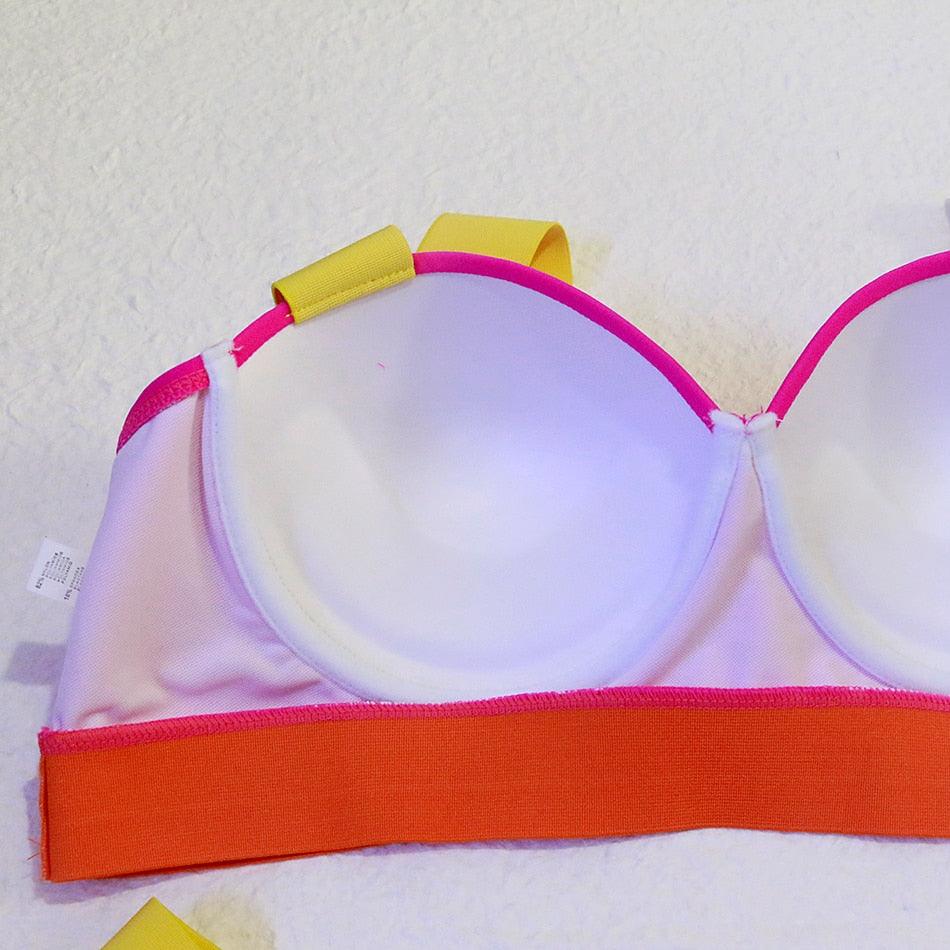 Women Push Up Bikini Women Neon Bandage Swimwear Women Patchwork Bikini Swimsuit 2 Piece Cutout Molded Push Up Bathing Suit Ruffle Hook Closure Bikini Set Two Piece Bathing Suit