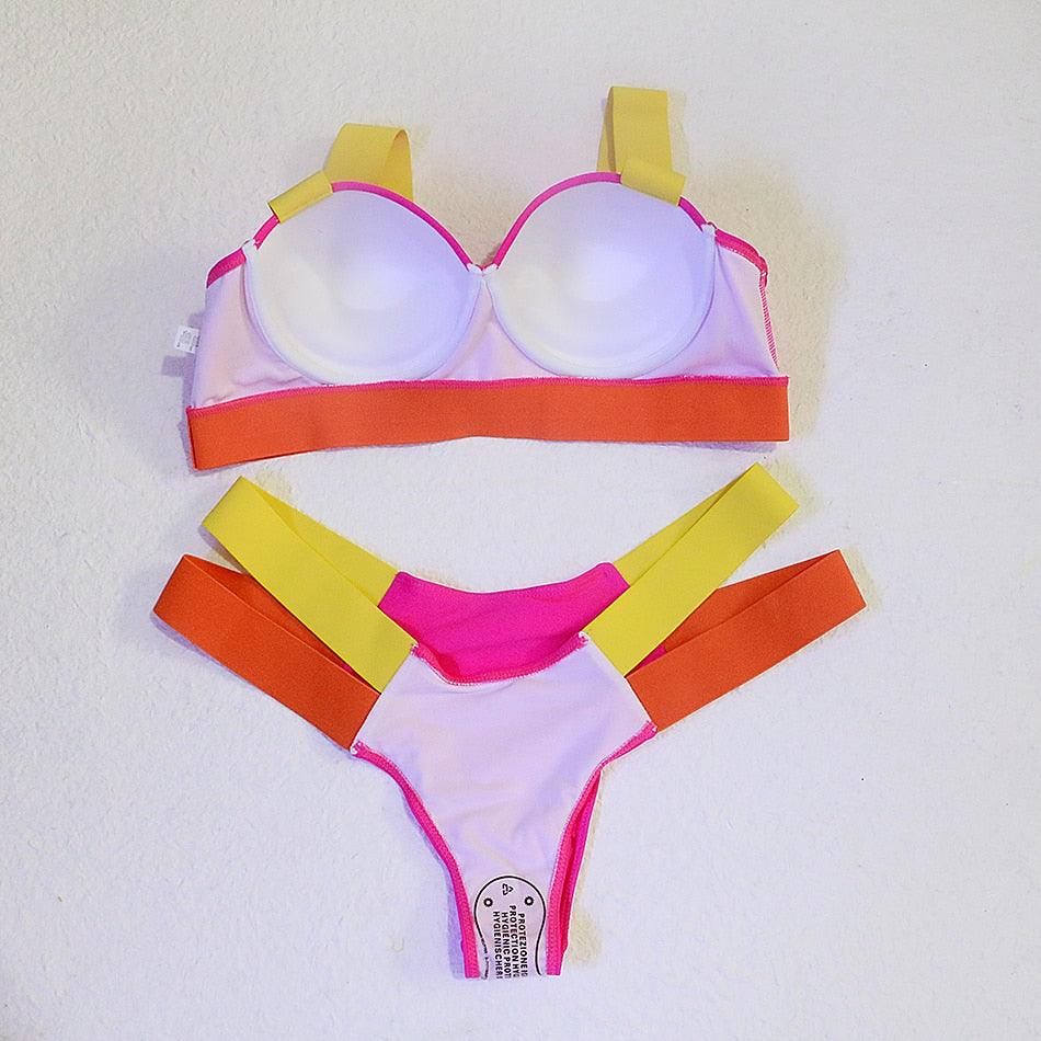 Women Push Up Bikini Women Neon Bandage Swimwear Women Patchwork Bikini Swimsuit 2 Piece Cutout Molded Push Up Bathing Suit Ruffle Hook Closure Bikini Set Two Piece Bathing Suit