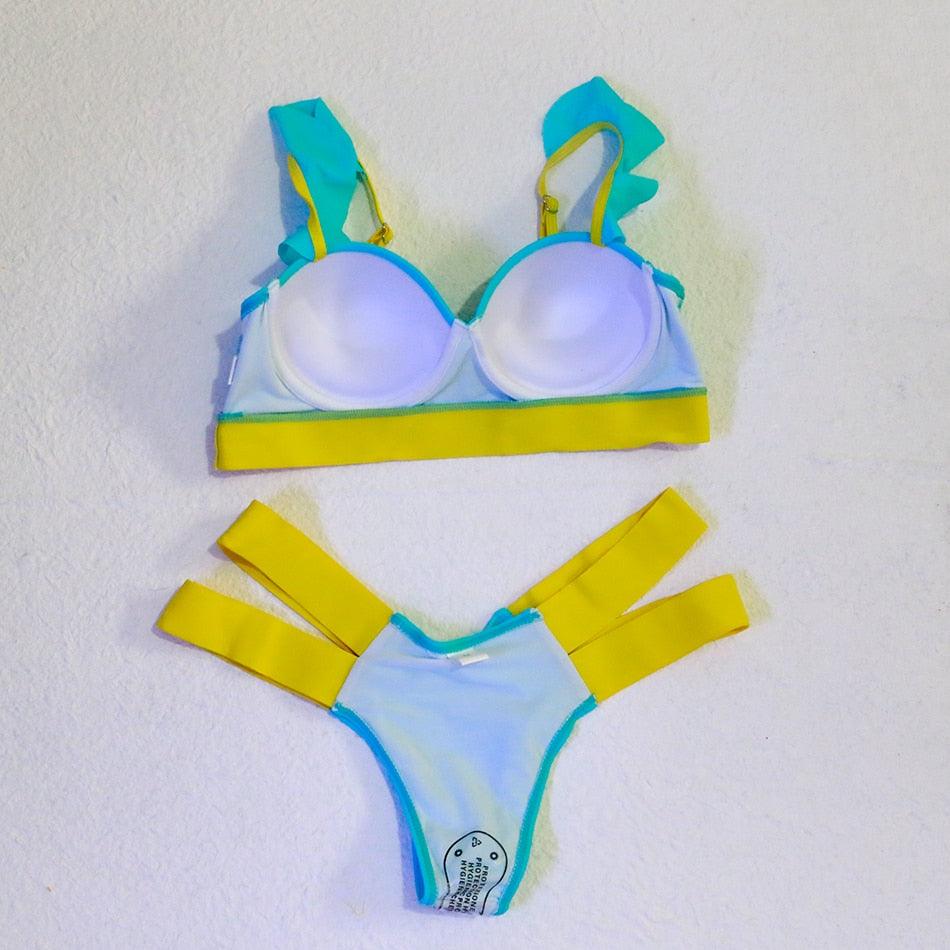 Women Push Up Bikini Women Neon Bandage Swimwear Women Patchwork Bikini Swimsuit 2 Piece Cutout Molded Push Up Bathing Suit Ruffle Hook Closure Bikini Set Two Piece Bathing Suit
