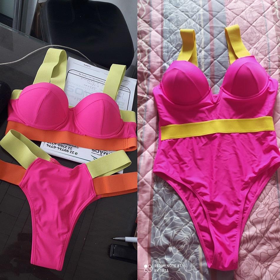 Women Push Up Bikini Women Neon Bandage Swimwear Women Patchwork Bikini Swimsuit 2 Piece Cutout Molded Push Up Bathing Suit Ruffle Hook Closure Bikini Set Two Piece Bathing Suit